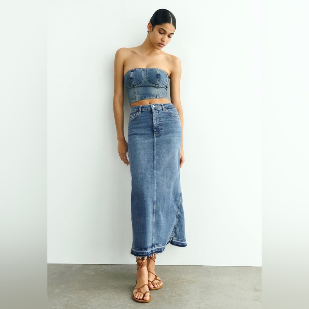 Zara long stretch denim skirt (high rise)